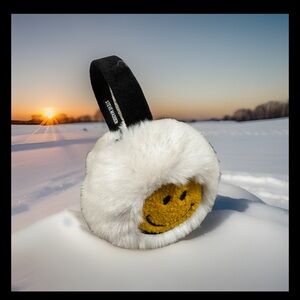 Steve Madden White and Yellow Smiley Face Earmuffs